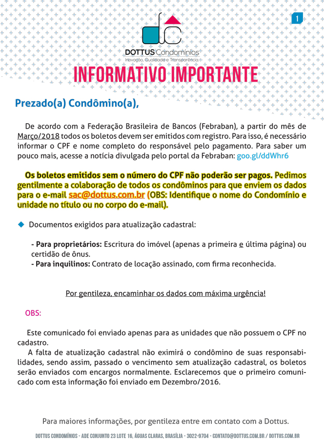 Comunicado UNIDADE SEM CPF